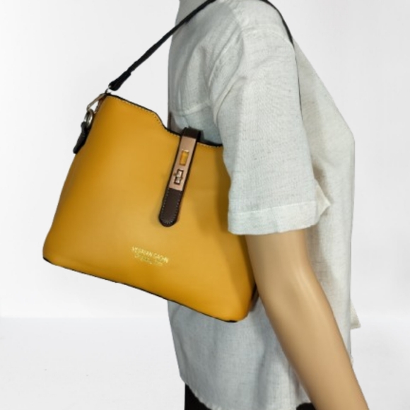 Vesasan Gaohn Yellow and Tan Vegan Leather Shoulder Bag with Structured Design - Picture 11 of 11